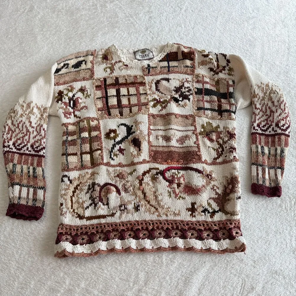 Vintage 90s Tiara International Sweater Womens Size L Multi Ramie Floral Chunky